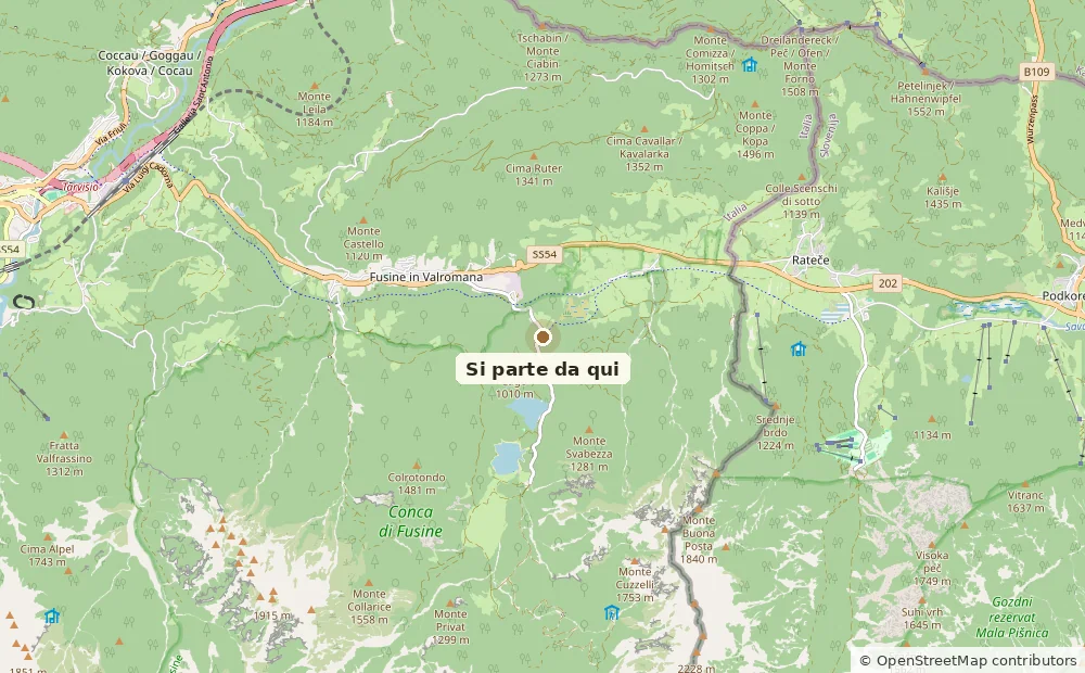 Mappa del punto di partenza per Il giro dei due laghi di Fusine